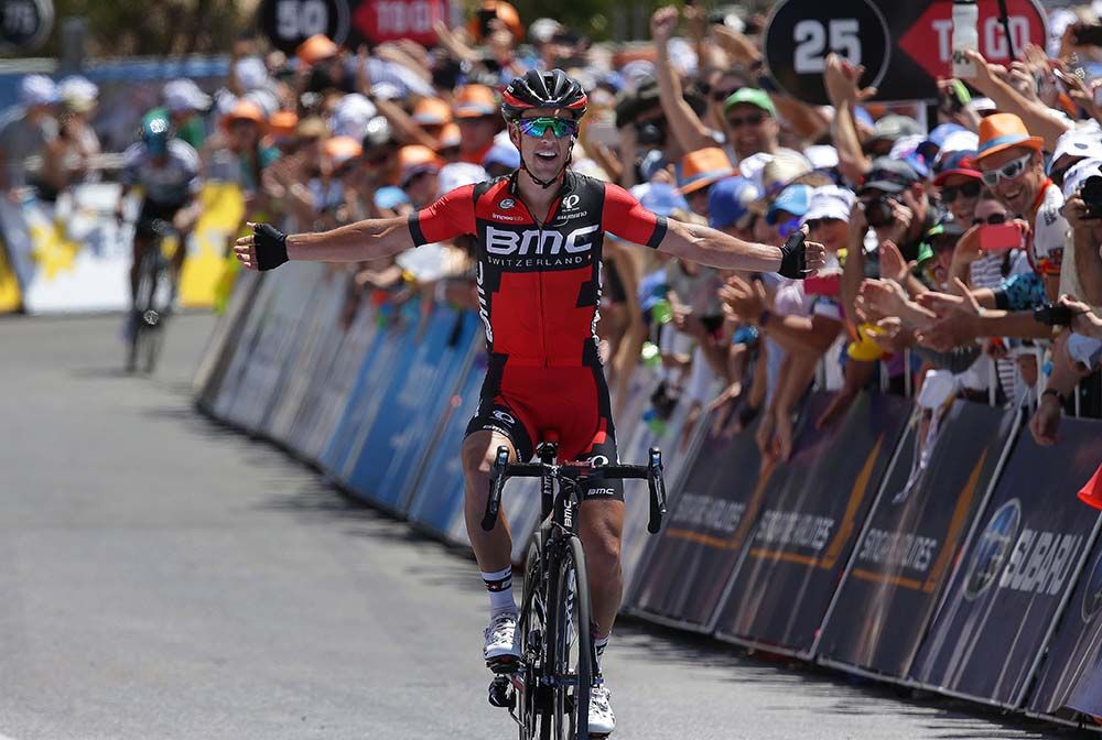 Richie Porte (BMC) celebrates his victroy atop Willunga Hill