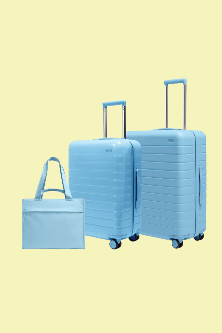 Travel Essentials Bundle in pale blue captured in a rotating gif against pale yellow background.