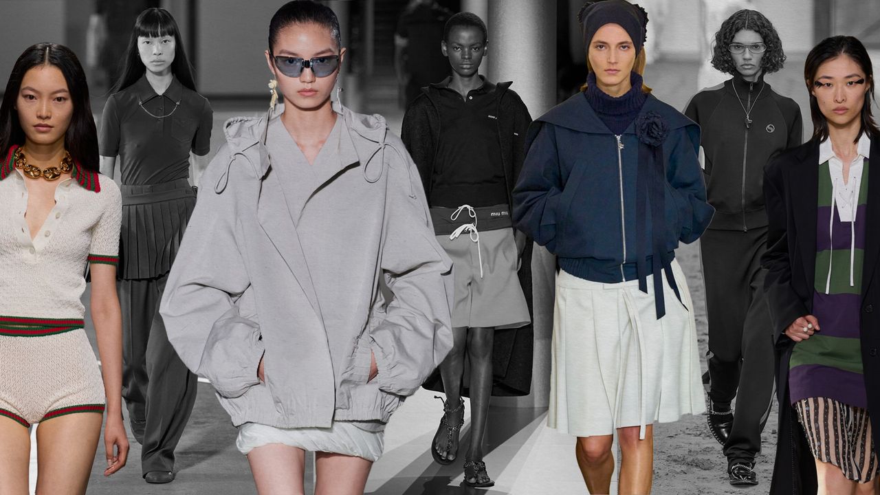 collage of runway models wearing sporty fashion items