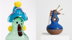 Anthropomorphic glass sculpture and ceramic sculpture side by side