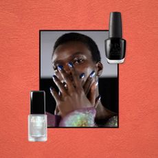 a model wearing nail dark, moody nail polish next to two polishes in black and silver