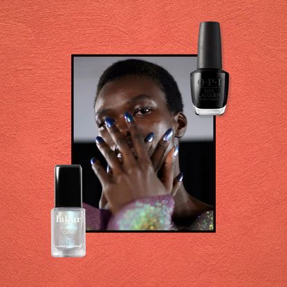 a model wearing nail dark, moody nail polish next to two polishes in black and silver