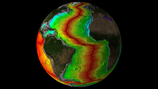 a false-color image of earth showing large sections of crust beneath the world's oceans and the fault lines where they connect