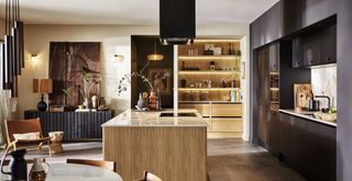 black kitchen design with wooden additions
