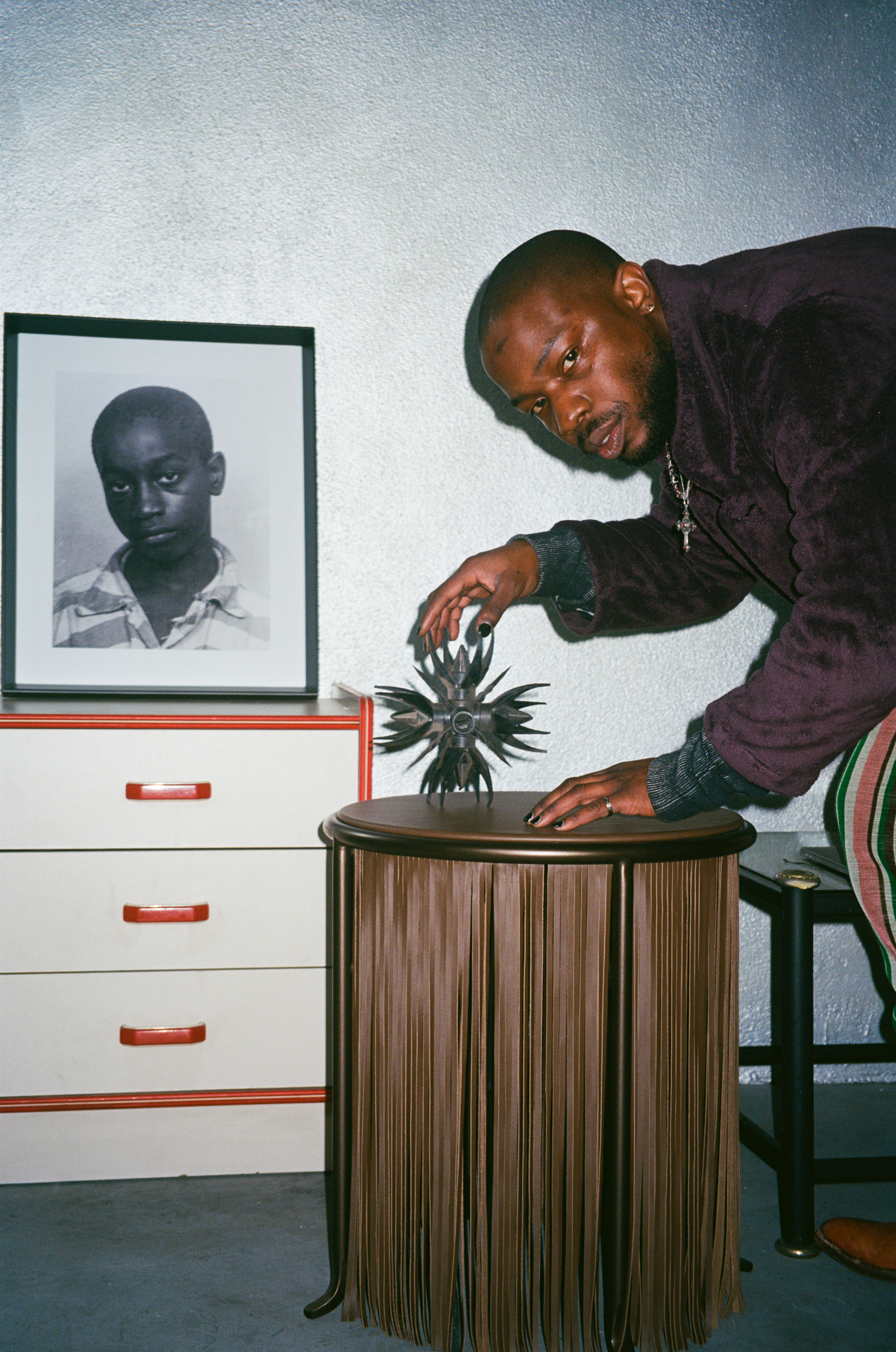 Dozie Kanu tables for Knoll with leather fringes