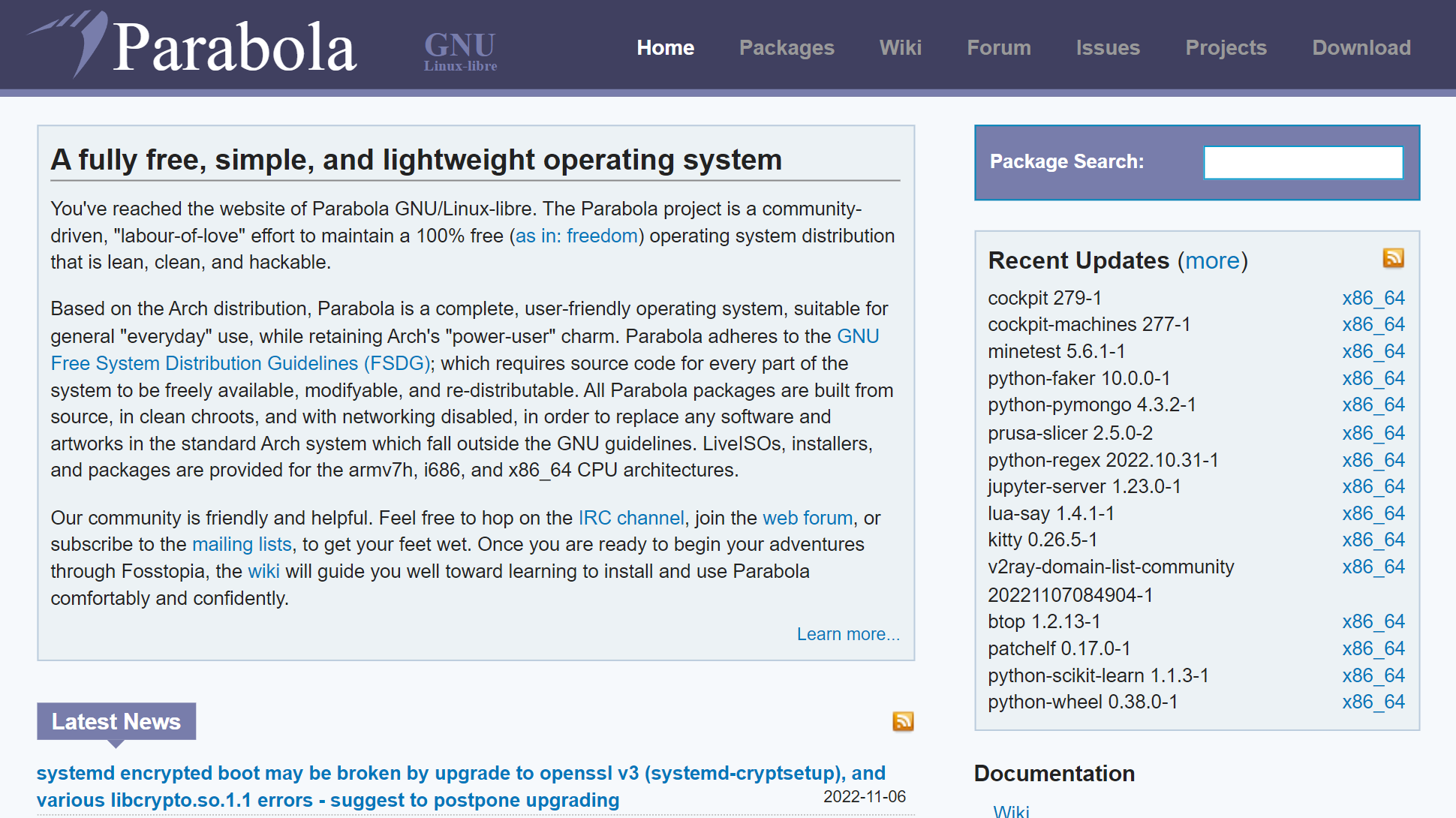 Tangkapan layar situs web Parabola GNU/Linux-libre