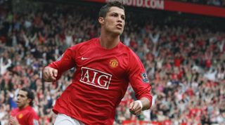 MANCHESTER, ENGLAND - OCTOBER 6: Cristiano Ronaldo of Manchester United celebrates scoring their third goal during the Barclays FA Premier League match between Manchester United and Wigan Athletic at Old Trafford on October 6 2007 in Manchester, England. (Photo by John Peters/Manchester United via Getty Images)