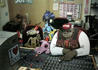 Russel, Noodle, and other characters sitting in a studio's mixing desk
