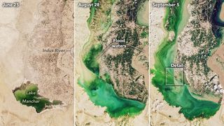 successive satellite images show growing lake begin to overflow