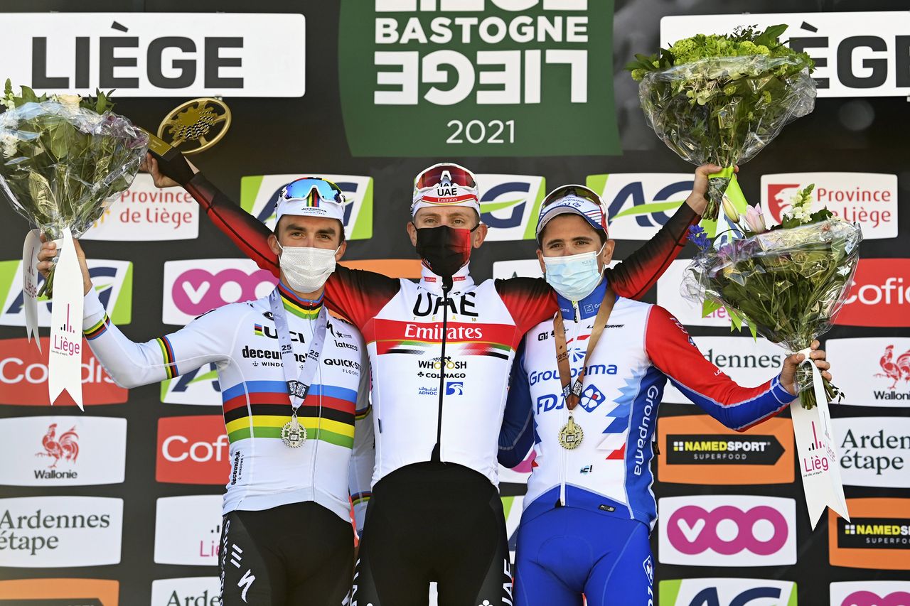 Liege - Bastogne - Liege 2021 - 107th Edition - Liege - Liege 259,1 km - 25/04/2021 - Tadej Pogacar (SLO - UAE Team Emirates) - Julian Alaphilippe (FRA - Deceuninck - Quick-Step) - David Gaudu (FRA - Groupama - FDJ) - photo Vincent Kalut/PN/BettiniPhoto&Acirc;&copy;2021