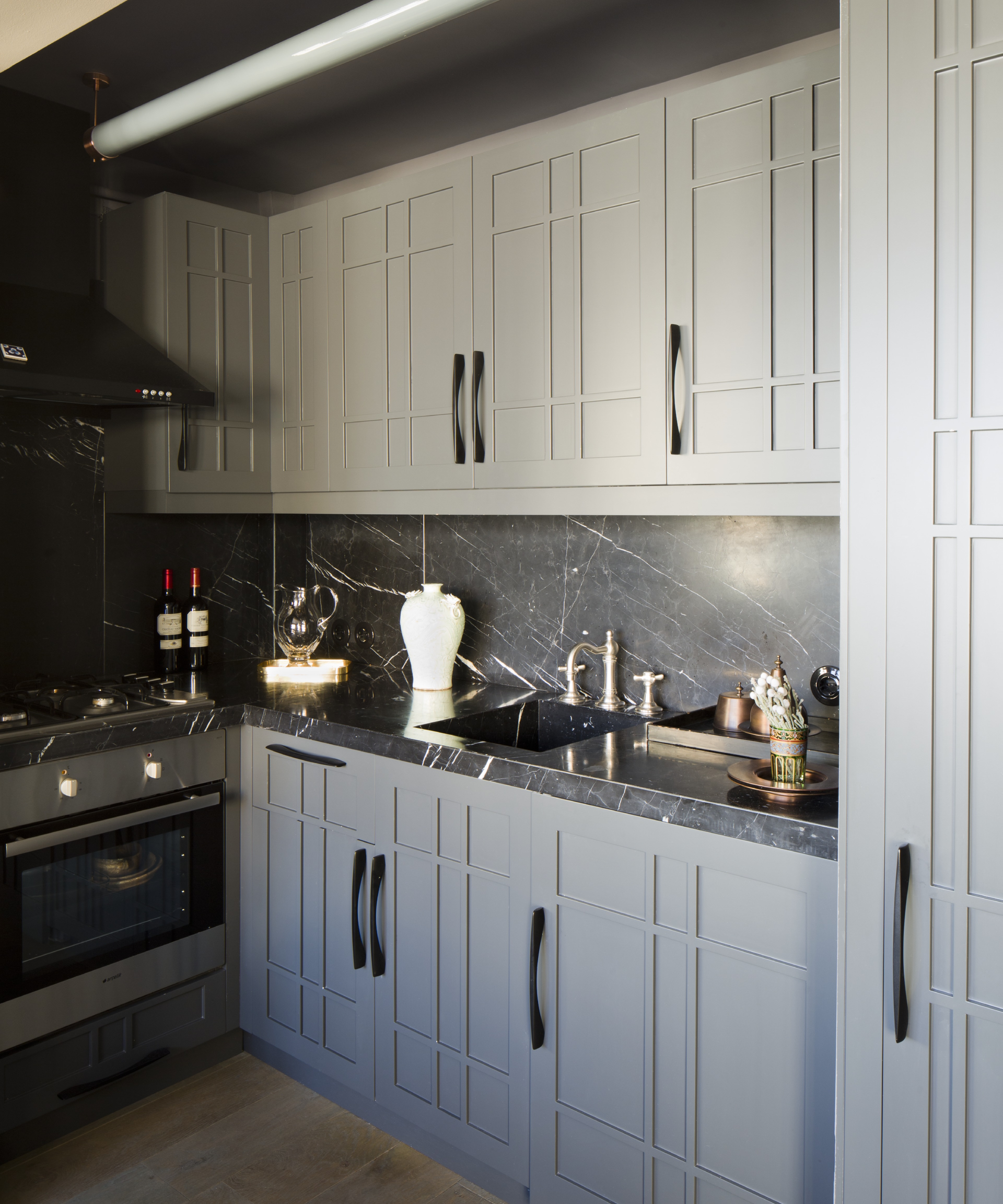 grey kitchen with small sink