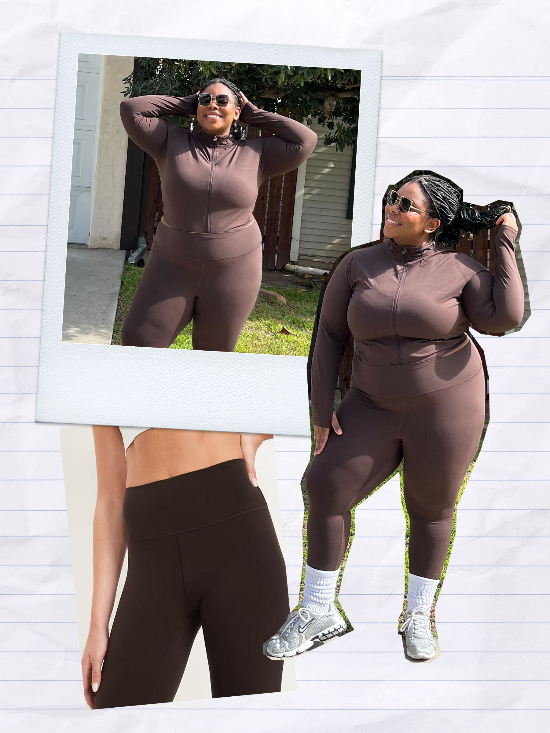 Pictured is a collage featuring images of chichi wearing Old Navy activewear sets, along with model e-commerce images of the products from the brand website.