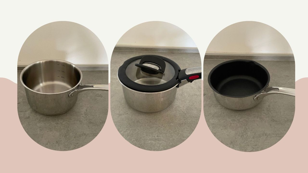 How we test stainless steel pans: the M&amp;S, Tefal, and Lakeland milk pans in rounded circles