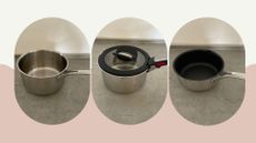 How we test stainless steel pans: the M&S, Tefal, and Lakeland milk pans in rounded circles