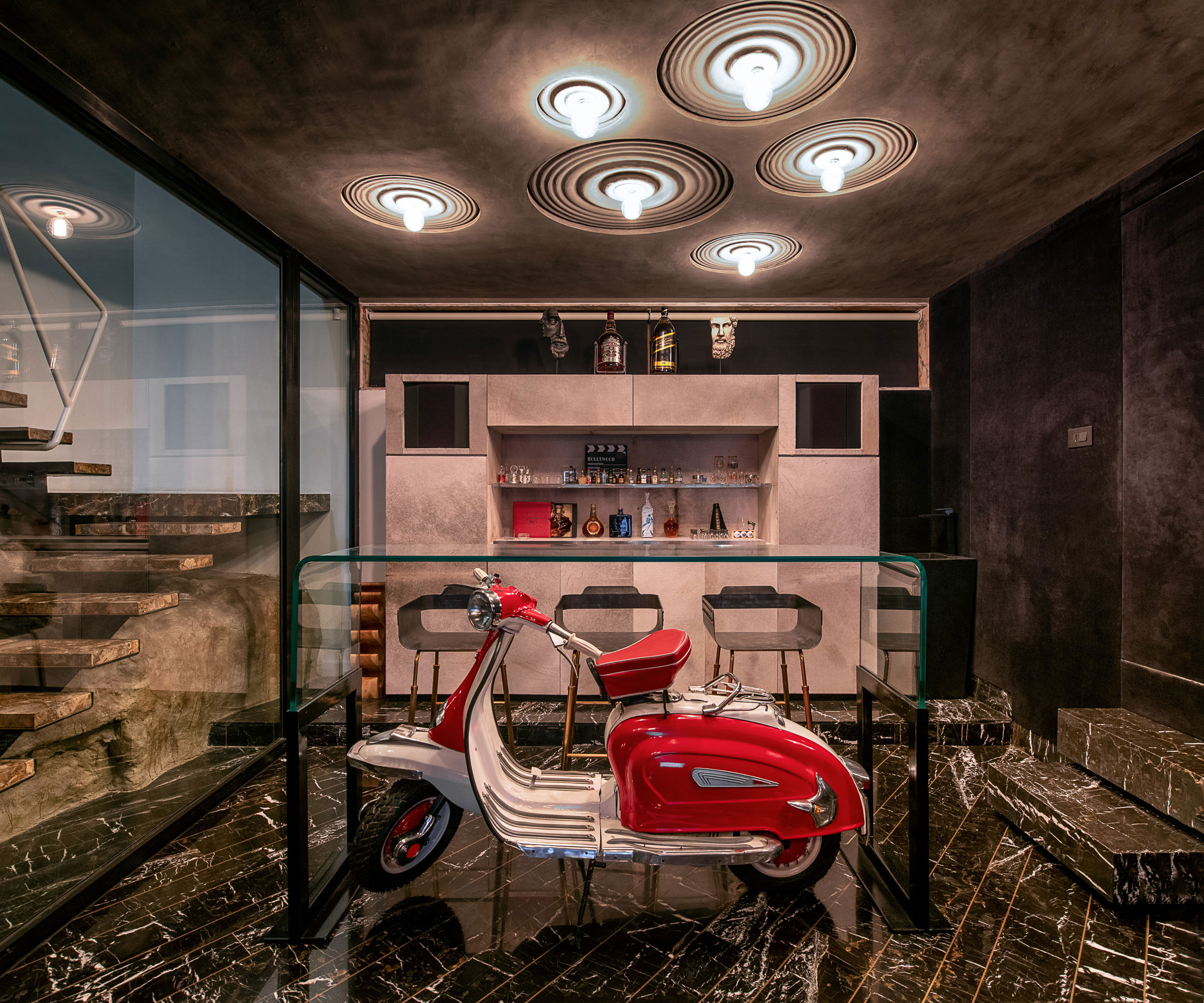 luxury home bar cellar conversion with marble floor and moped