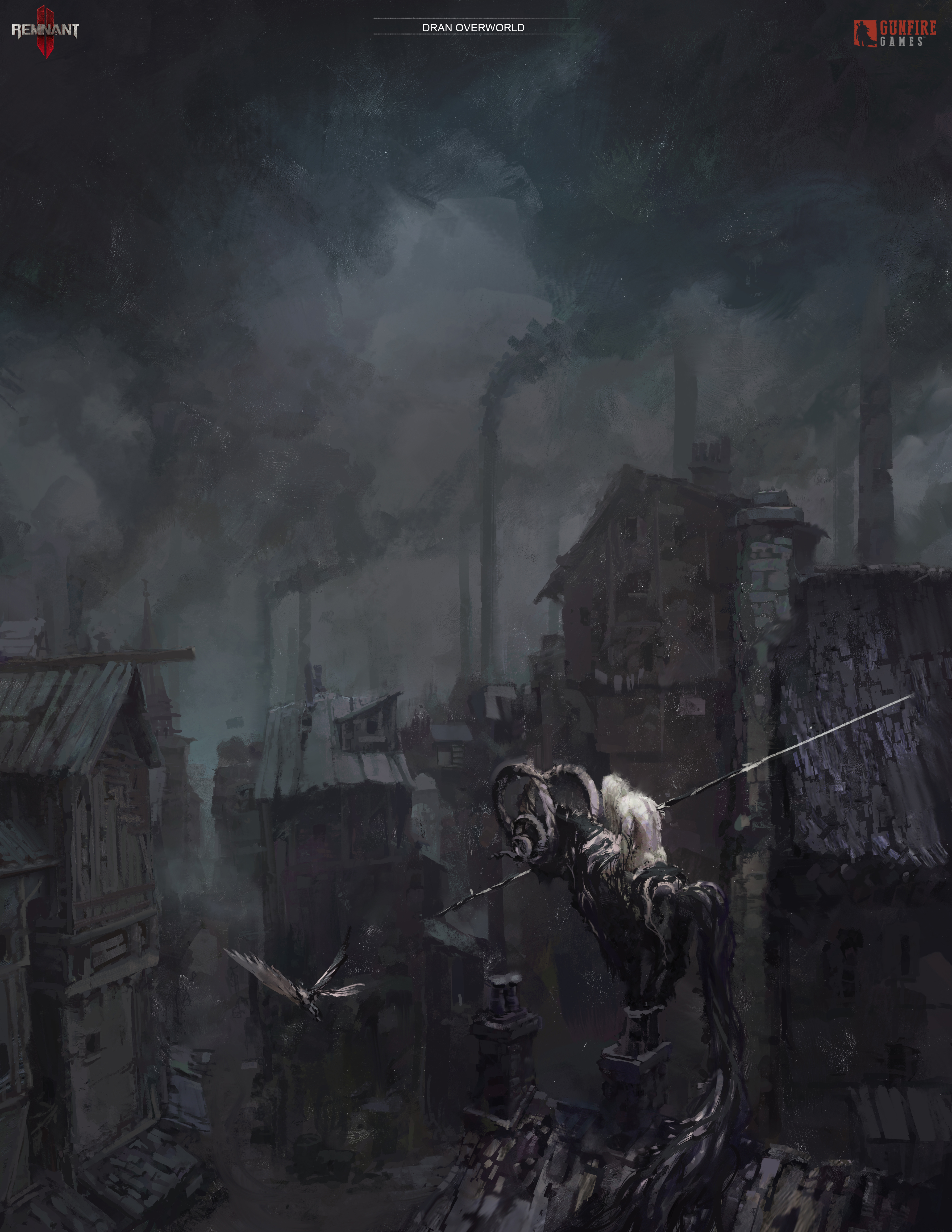 Concept Art for the Dran Overworld of Remnant 2, with gloomy smokestacks and a ram rider wielding a long and terrifying spear.