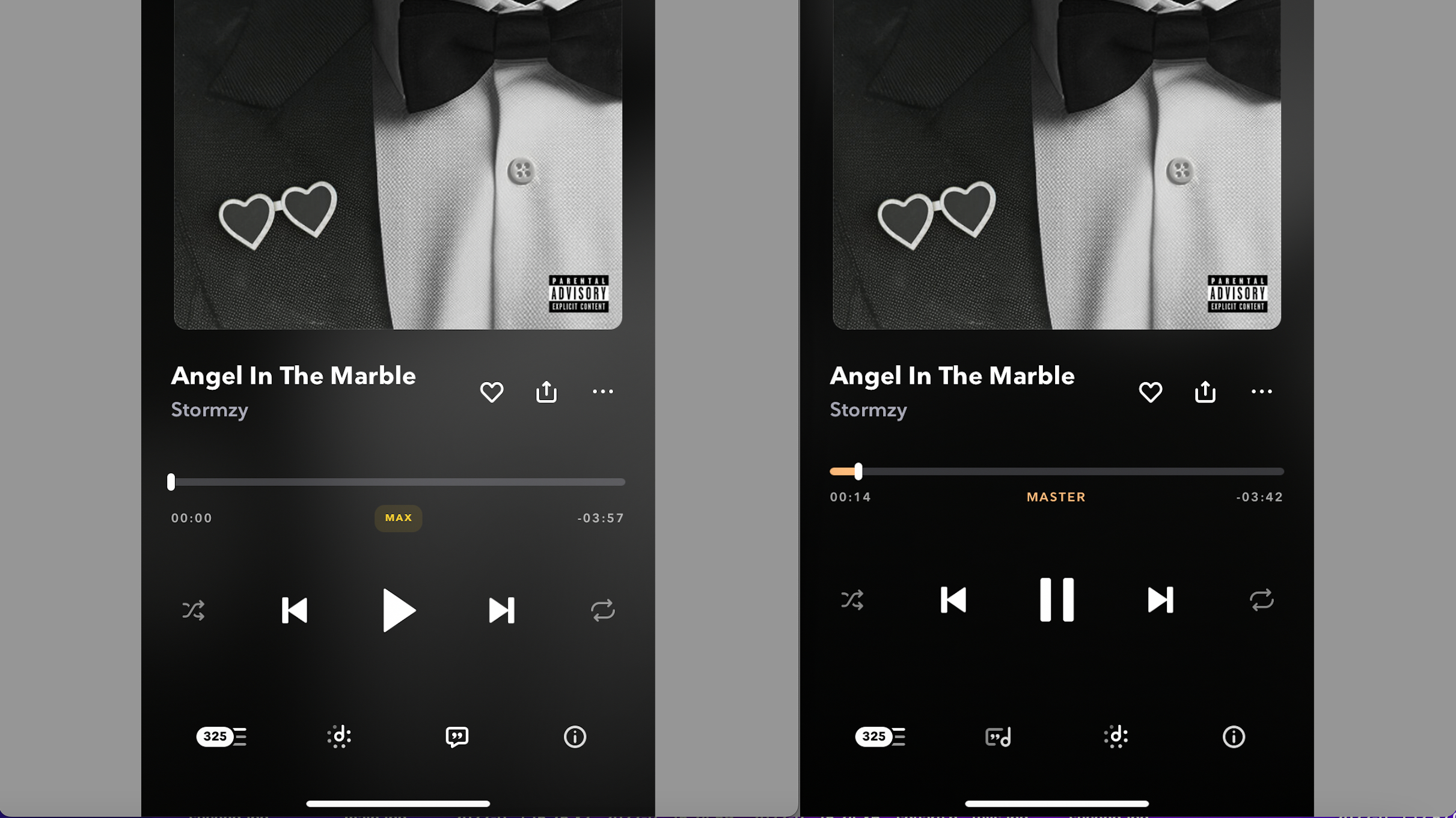 The old and new Tidal apps side by side, one displaying 'Masters' and one 'Max', with Stormzy's Angel in the Marble track