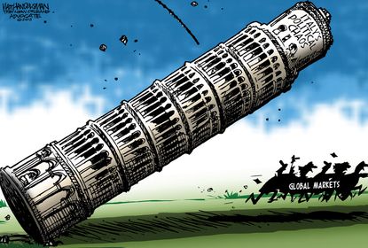 Political cartoon World Italy political chaos markets Leaning Tower of Pisa