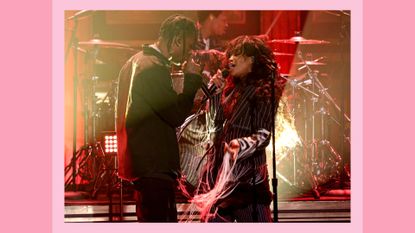 SZA and Travis Scott perform together on The Tonight Show Starring Jimmy Fallon/ in a pink template