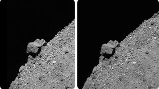 A stereo image of a boulder jutting out of the surface of asteroid Bennu.