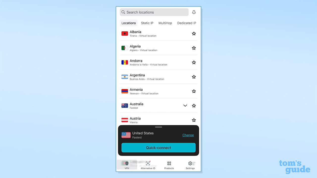 Screenshot of Surfshark mobile app displaying part of its server list