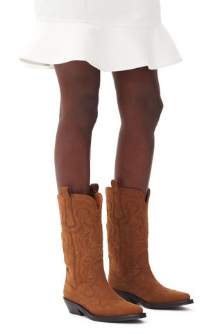 Brown Suede Mid Shaft Embroidered Western Boots