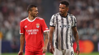 Danilo of Juventus stares at Diogo Goncalves of SL Benfica