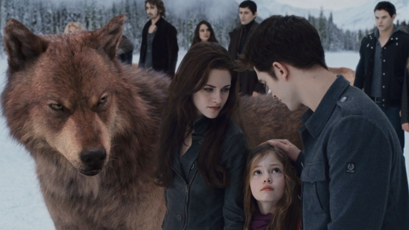 Jacob Black in werewolf form, Kristen Stewart as Bella, Mackenzie Foy as Renesmee and Robert Pattinson as Edward Cullen in Twilight Saga: Breaking Dawn Part 2 