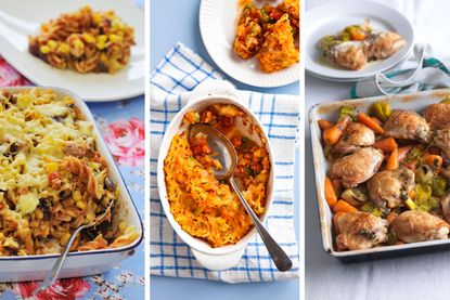 A selection of cheap family meals including turkey mince cottage pie, farmhouse chicken tray bake and tuna pasta bake