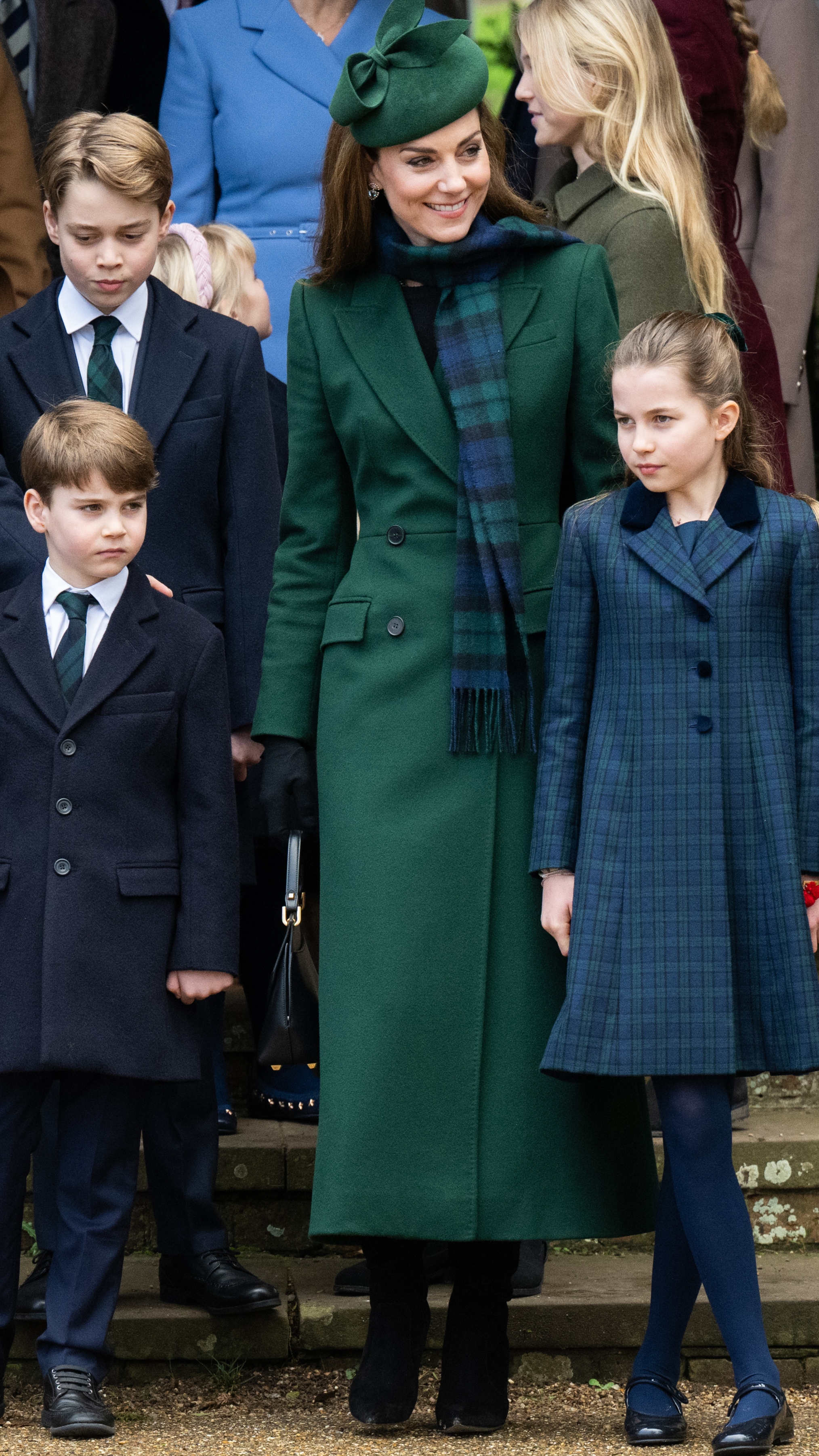 Prince Louis of Wales, Prince George of Wales, Catherine, Princess of Wales and Princess Charlotte of Wales attend the Christmas Morning Service in 2024