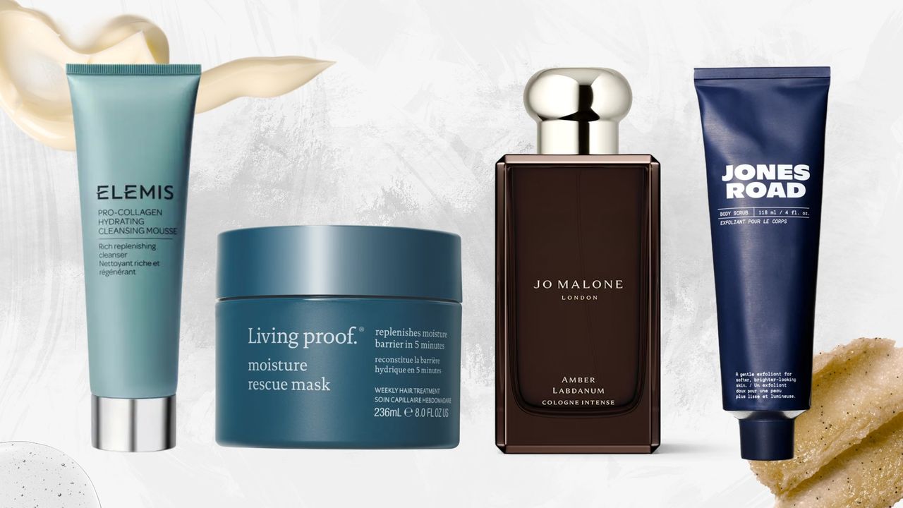 Collage of the best new beauty launches in January 2026 (L-R) Elemis Cleansing Mousse, Living Proof Moisture Rescue Mask, Jo Malone Amber Labdanum and Jones Road Body Scrub, on a white marble background with cream, serum and scrub swatches