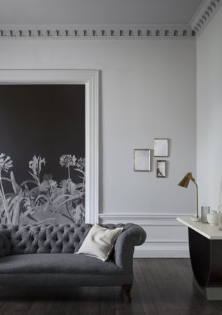 grey living room with grey floral wallpaper by Paint & Paper Library