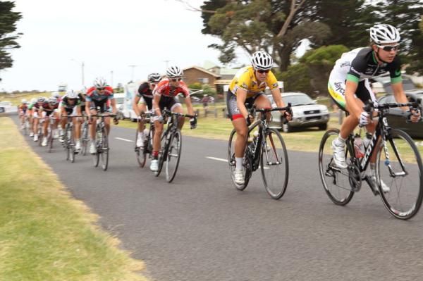 Overall leader, Chloe Hosking (Total Rush) follows the wheel of Melissa Hoskins (GreenEDGE). The pair were never far apart throughout the race