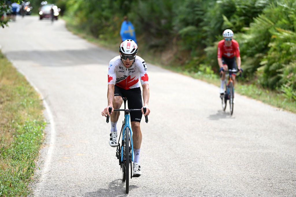 PUERTO DE ANCARES SPAIN AUGUST 30 Michael Woods of Canada and Team Israel Premier Tech competes in the breakaway during the La Vuelta 79th Tour of Spain 2024 Stage 13 a 176km stage from Lugo to Puerto de Ancares 1659m UCIWT on August 30 2024 in Puerto de Ancares Spain Photo by Dario BelingheriGetty Images