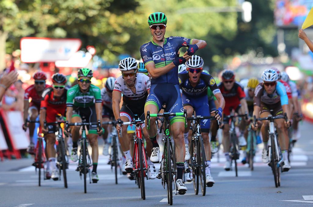 Having recently become a father for the first time, Jens Keukeleire (Orica-BikeExchange) rocks the cradle in his celebration