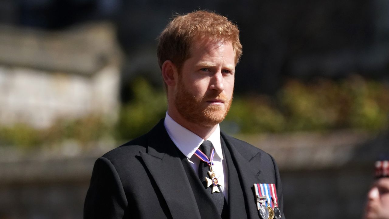 Prince Harry arrives for the funeral of Prince Philip, Duke of Edinburgh at St George&#039;s Chapel at Windsor Castle on April 17, 2021 