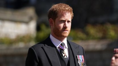 Prince Harry arrives for the funeral of Prince Philip, Duke of Edinburgh at St George's Chapel at Windsor Castle on April 17, 2021 