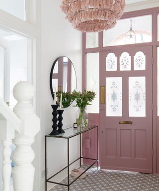 Pink front door with stained glass