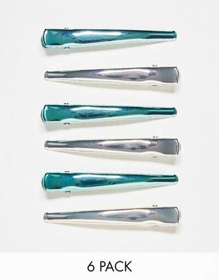 Monki turquoise and silver metallic hair clips in a pack of 6