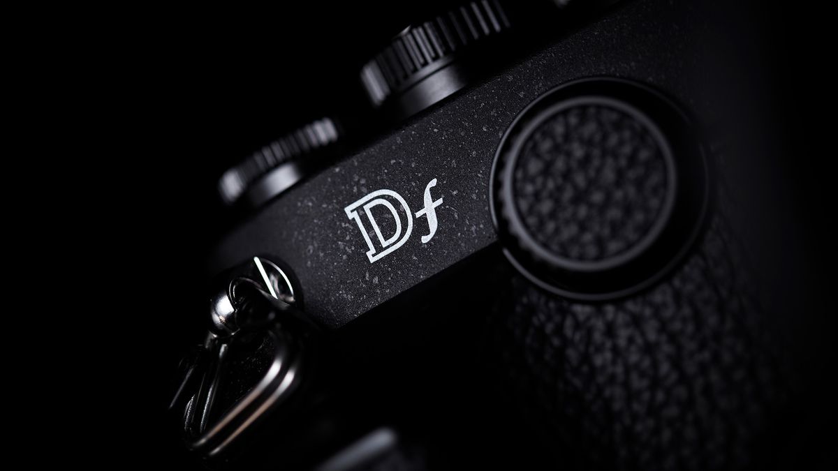 Close-up image of Nikon Df, showing &#039;Df&#039; logo, on a black background 