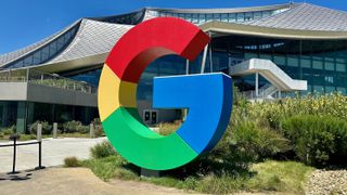 A statue of the multicolored &quot;G&quot; in Google on the Google campus in Mountain View