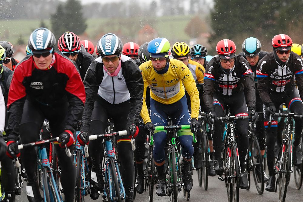 Race leader Michael Matthews is sheltered in the bunch during stage 3