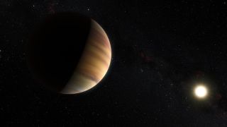 illustration showing a brownish, jupiter-like exoplanet in space, with its yellow host star in the background