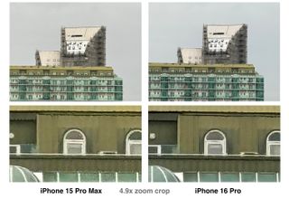 A comparison of two photos at 4.9x zoom, one taken on the iPhone 15 Pro Max, and the other taken on the iPhone 16 Pro