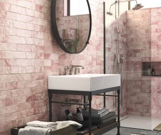 modern bathroom with pink wall tiles