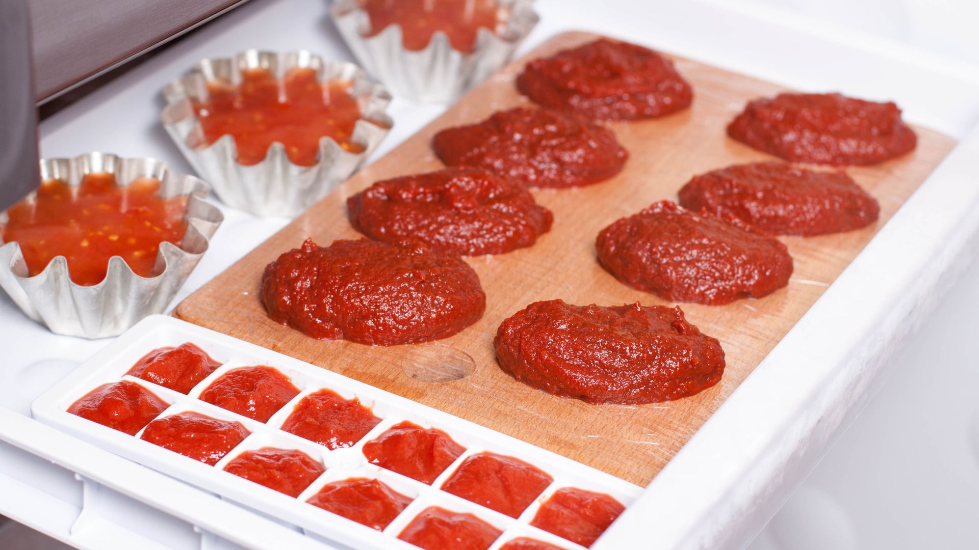 Portions of tomato paste in an ice cube tray