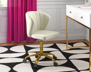 Wayfair office chair white leather in pink room with black and white floor