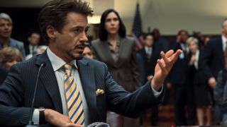 Tony Stark making fun of Justin Hammer at congressional hearing