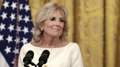 First lady Dr. Jill Biden delivers remarks during a Cancer Moonshot initiative event in the East Room of the White House