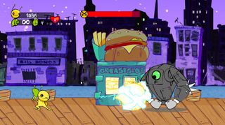 A screenshot from Alien Hominid HD showing an alien fighting a boss.